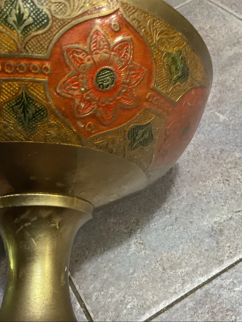 Decorative Brass Pedestal Bowl with Red and Green Enamel